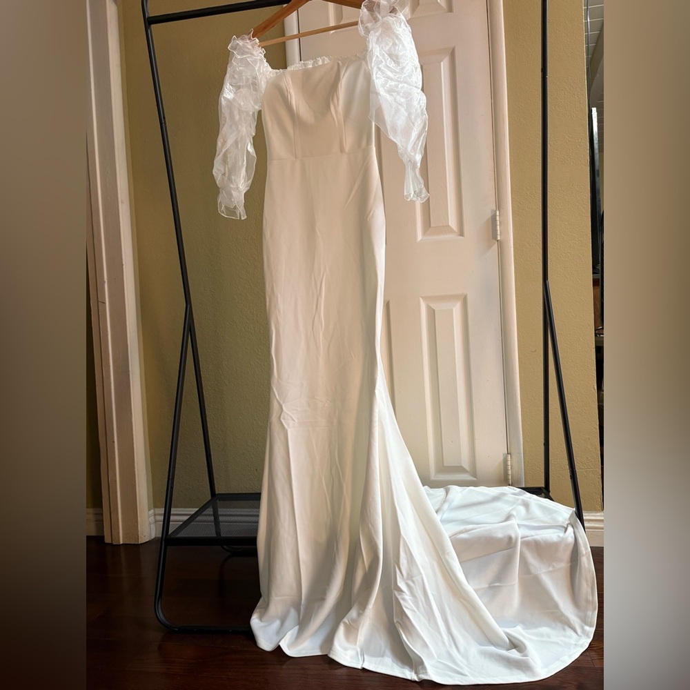 Elegant White Wedding Dress with Sheer Sleeves